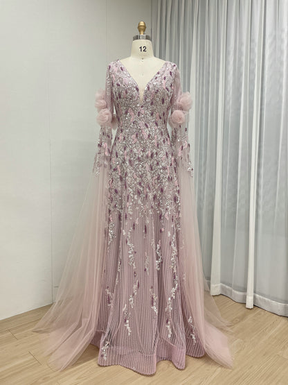 Luxury 3D Floral Beaed Evening Gown – Pink V-Neck Cape Sleeve Formal Dress MY30228