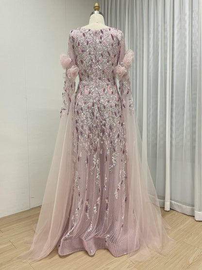 Luxury 3D Floral Beaed Evening Gown – Pink V-Neck Cape Sleeve Formal Dress MY30228