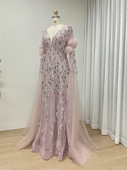 Luxury 3D Floral Beaed Evening Gown – Pink V-Neck Cape Sleeve Formal Dress MY30228