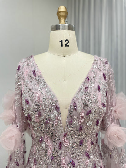 Luxury 3D Floral Beaed Evening Gown – Pink V-Neck Cape Sleeve Formal Dress MY30228