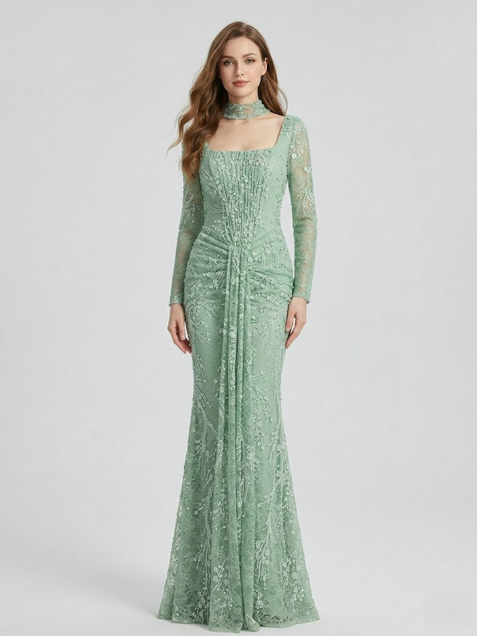 Elegant Green Square Neck Sequin Vine Formal Gown with Long Sleeves MY30229