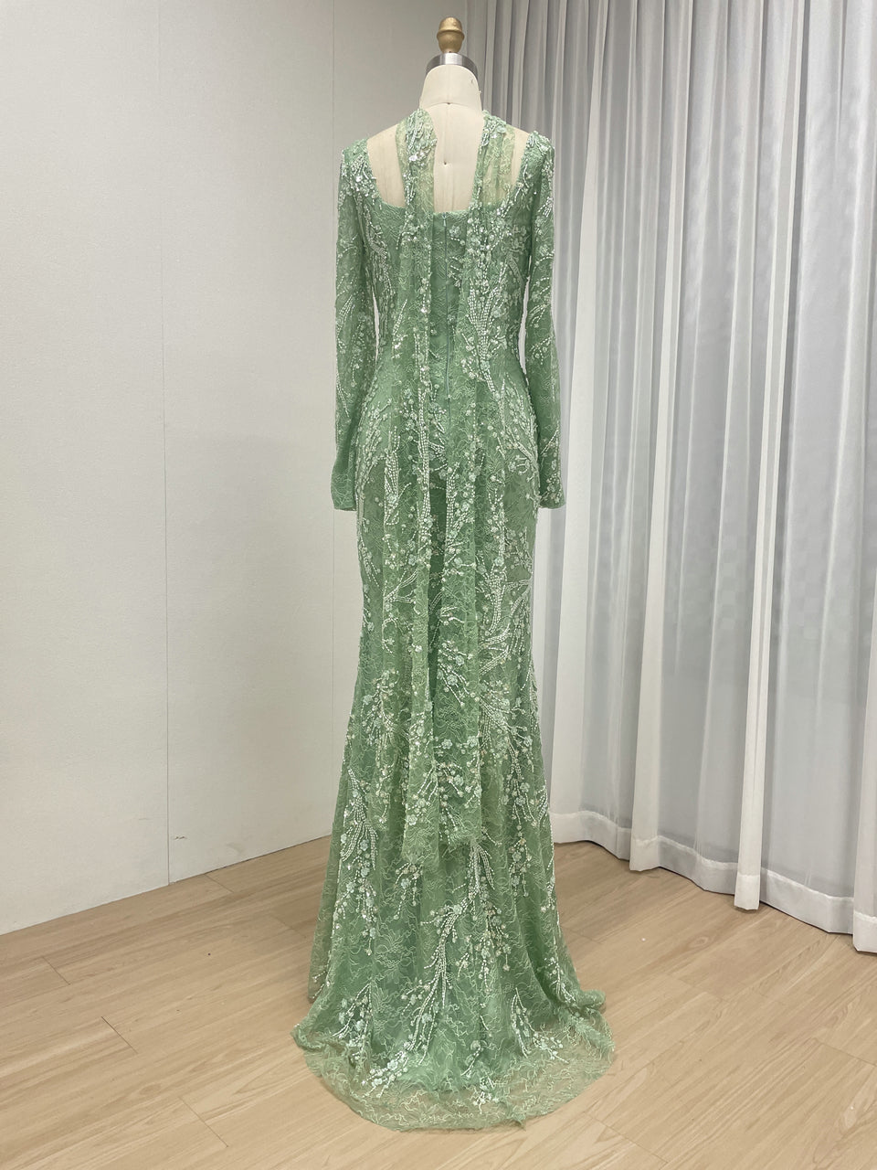 Elegant Green Square Neck Sequin Vine Formal Gown with Long Sleeves MY30229