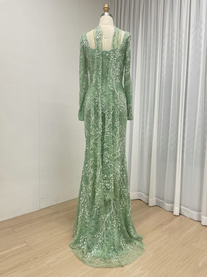 Elegant Green Square Neck Sequin Vine Formal Gown with Long Sleeves MY30229