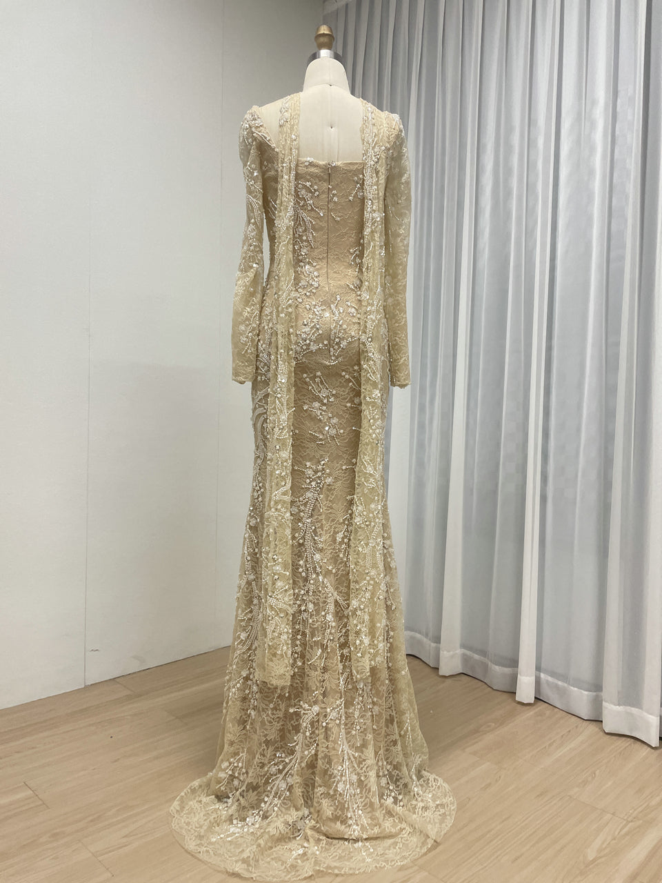 Elegant Green Square Neck Sequin Vine Formal Gown with Long Sleeves MY30229