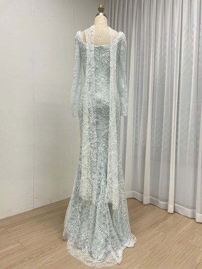 Elegant Green Square Neck Sequin Vine Formal Gown with Long Sleeves MY30229