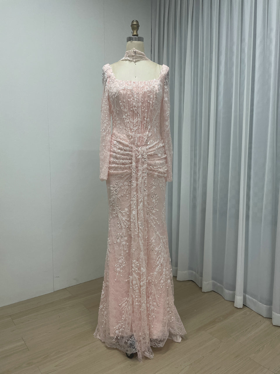 Elegant Green Square Neck Sequin Vine Formal Gown with Long Sleeves MY30229