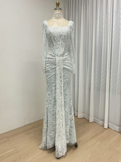 Elegant Green Square Neck Sequin Vine Formal Gown with Long Sleeves MY30229