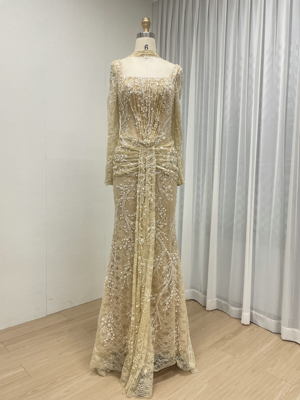 Elegant Green Square Neck Sequin Vine Formal Gown with Long Sleeves MY30229