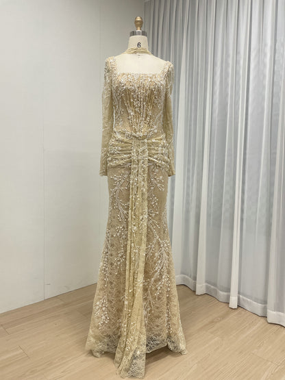 Elegant Green Square Neck Sequin Vine Formal Gown with Long Sleeves MY30229
