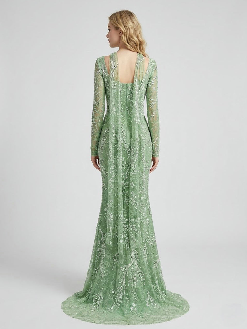 Elegant Green Square Neck Sequin Vine Formal Gown with Long Sleeves MY30229