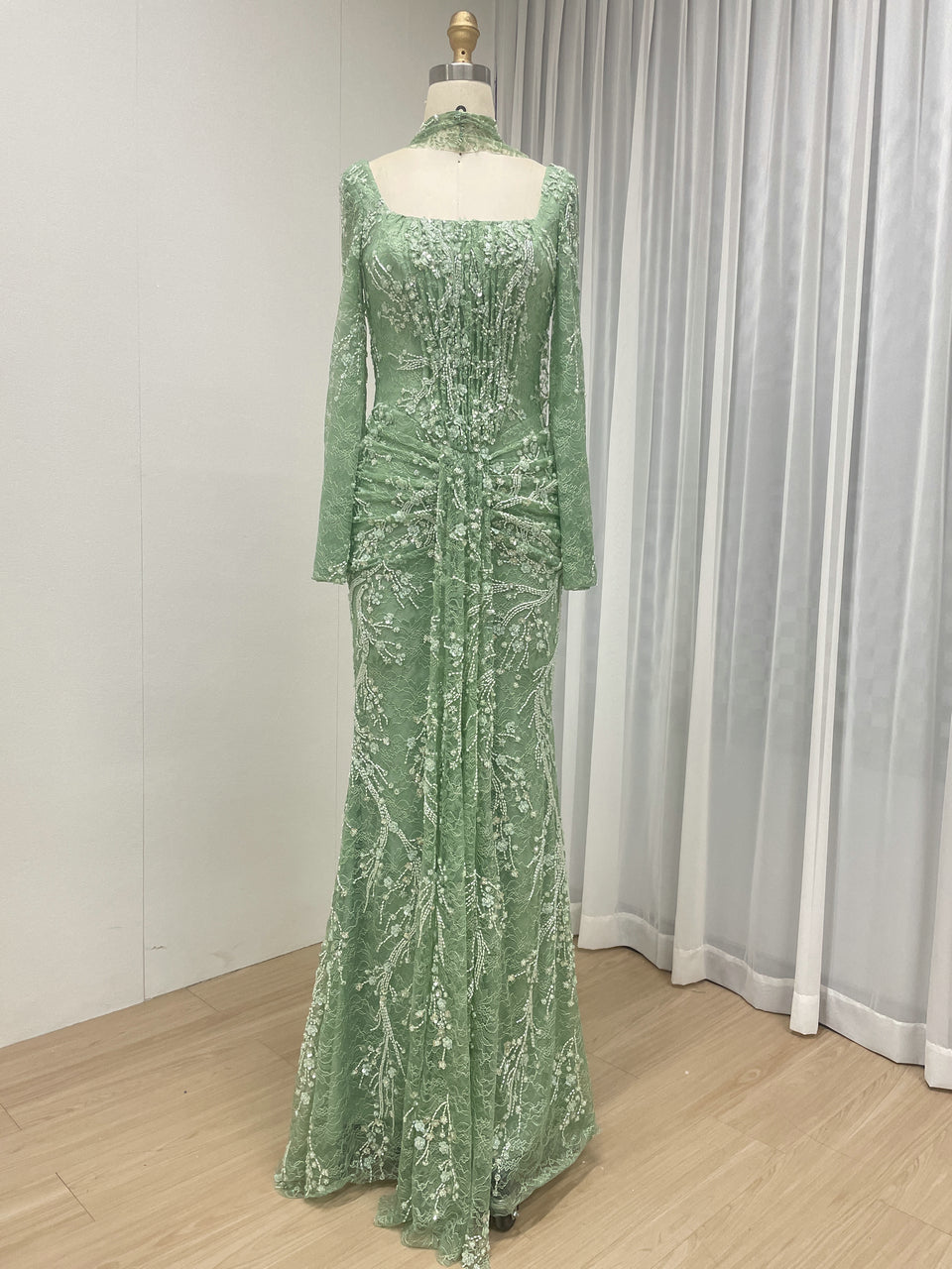 Elegant Green Square Neck Sequin Vine Formal Gown with Long Sleeves MY30229
