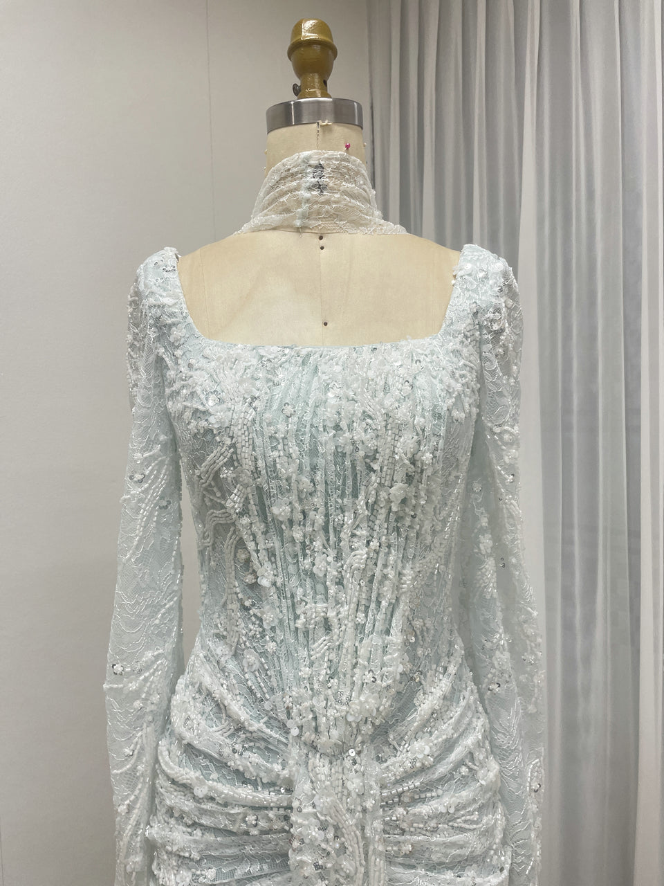 Elegant Green Square Neck Sequin Vine Formal Gown with Long Sleeves MY30229