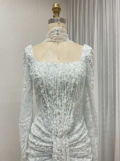 Elegant Green Square Neck Sequin Vine Formal Gown with Long Sleeves MY30229