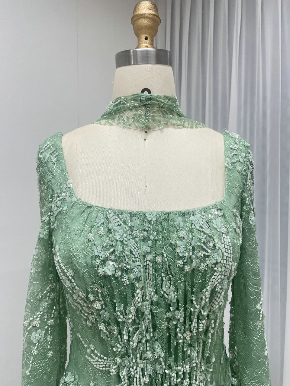 Elegant Green Square Neck Sequin Vine Formal Gown with Long Sleeves MY30229