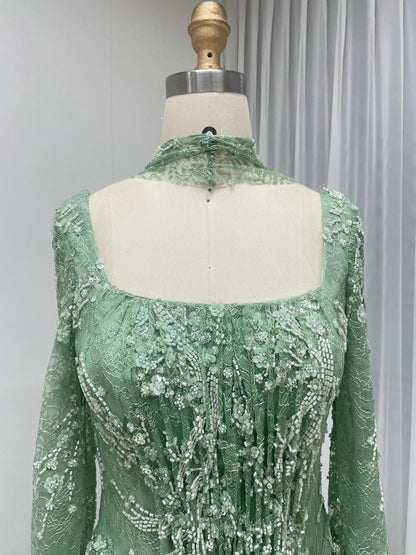 Elegant Green Square Neck Sequin Vine Formal Gown with Long Sleeves MY30229