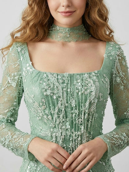 Elegant Green Square Neck Sequin Vine Formal Gown with Long Sleeves MY30229