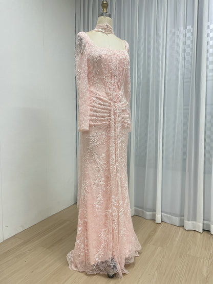 Elegant Green Square Neck Sequin Vine Formal Gown with Long Sleeves MY30229