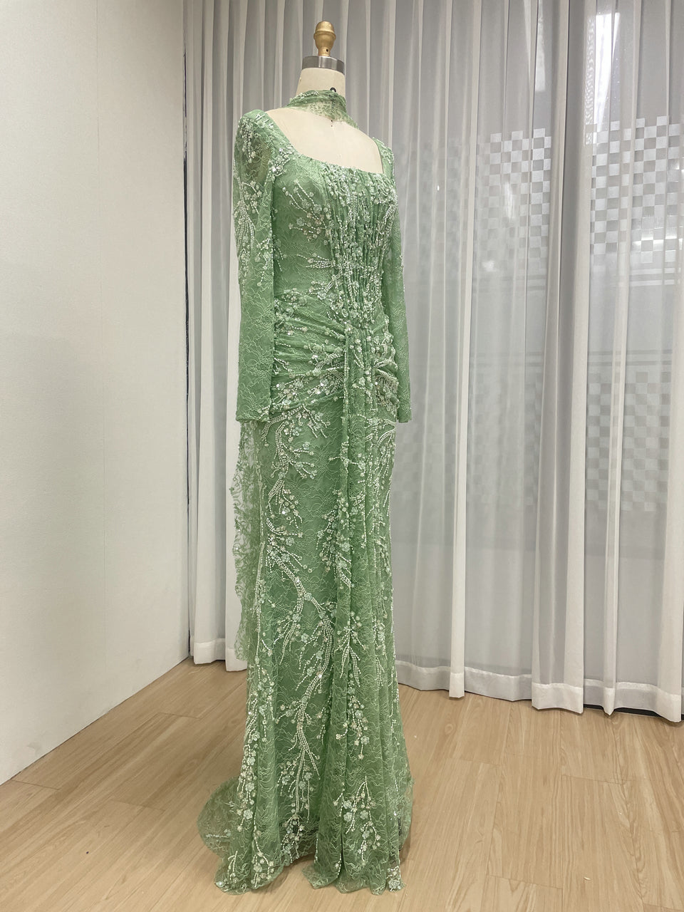 Elegant Green Square Neck Sequin Vine Formal Gown with Long Sleeves MY30229