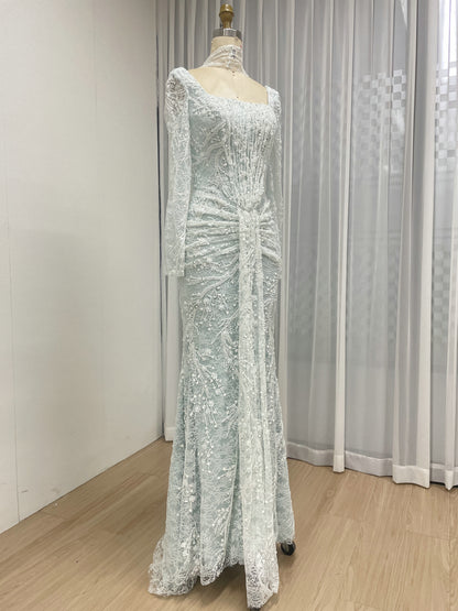 Elegant Green Square Neck Sequin Vine Formal Gown with Long Sleeves MY30229