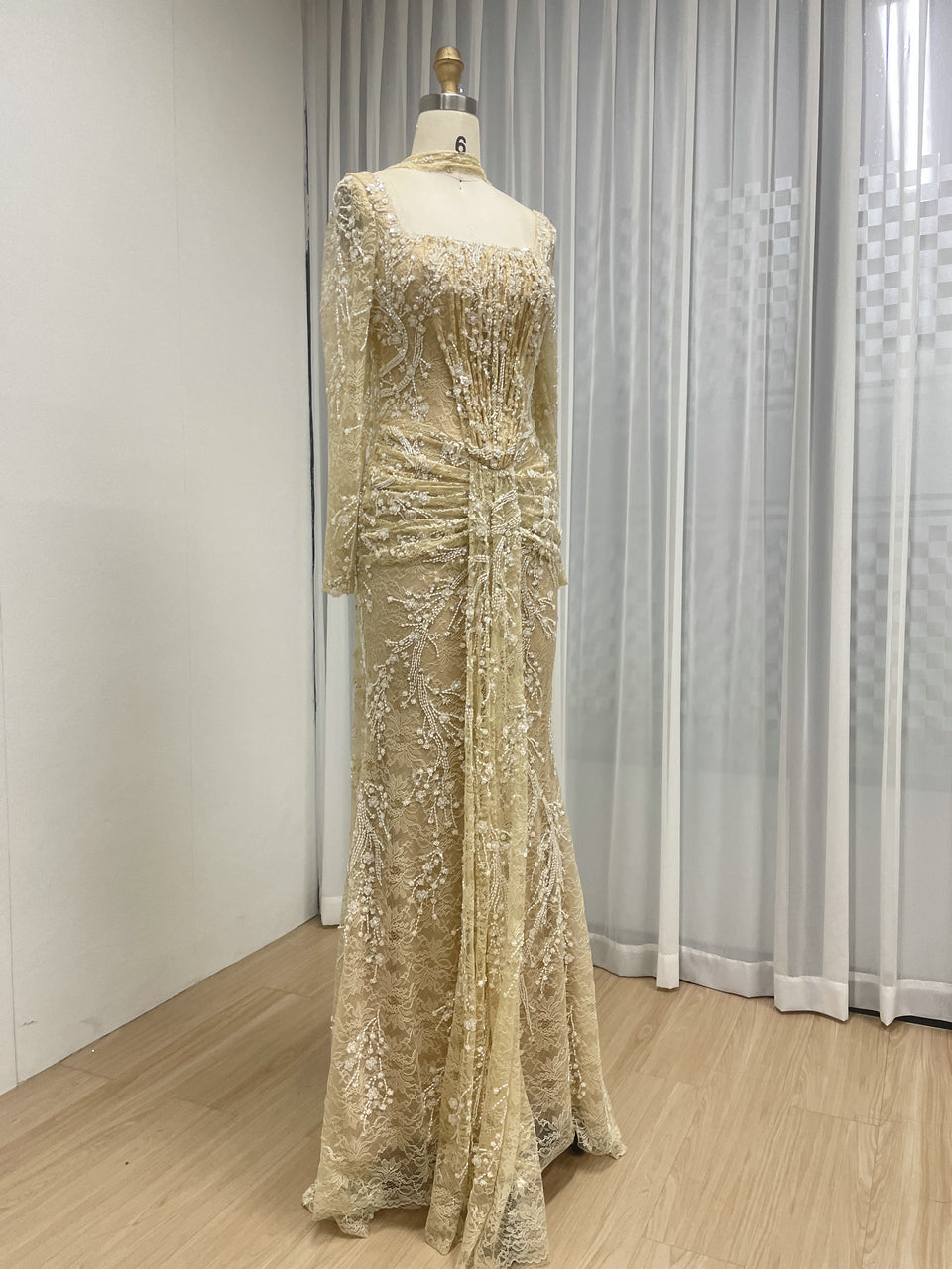 Elegant Green Square Neck Sequin Vine Formal Gown with Long Sleeves MY30229