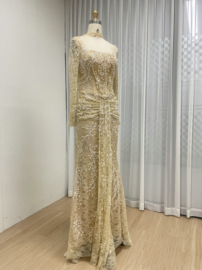 Elegant Green Square Neck Sequin Vine Formal Gown with Long Sleeves MY30229