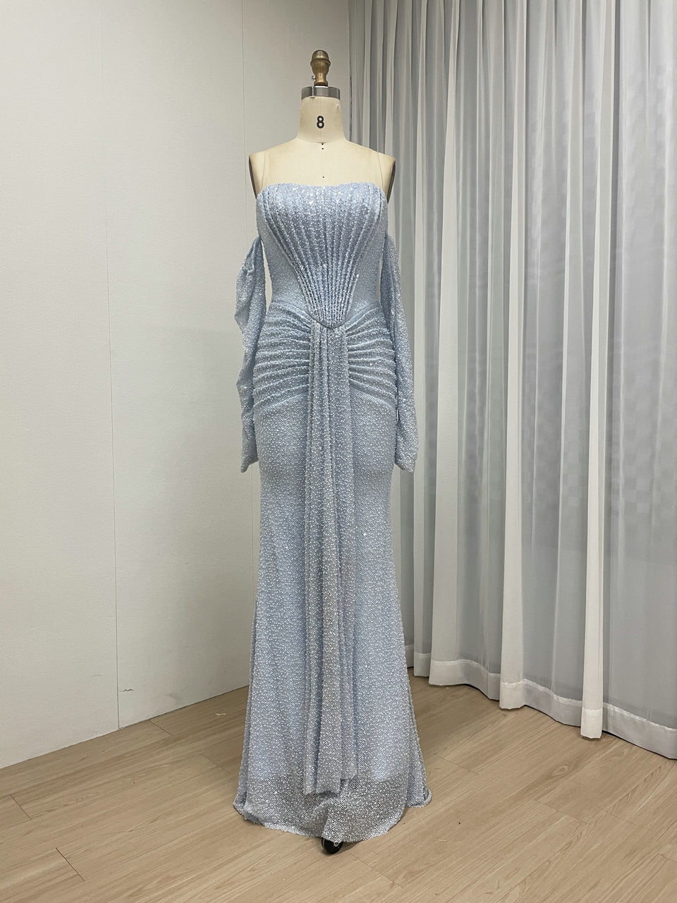 Elegant Long Sleeve Off Shoulder Evening Gown with Corset Bodice MY30230-2
