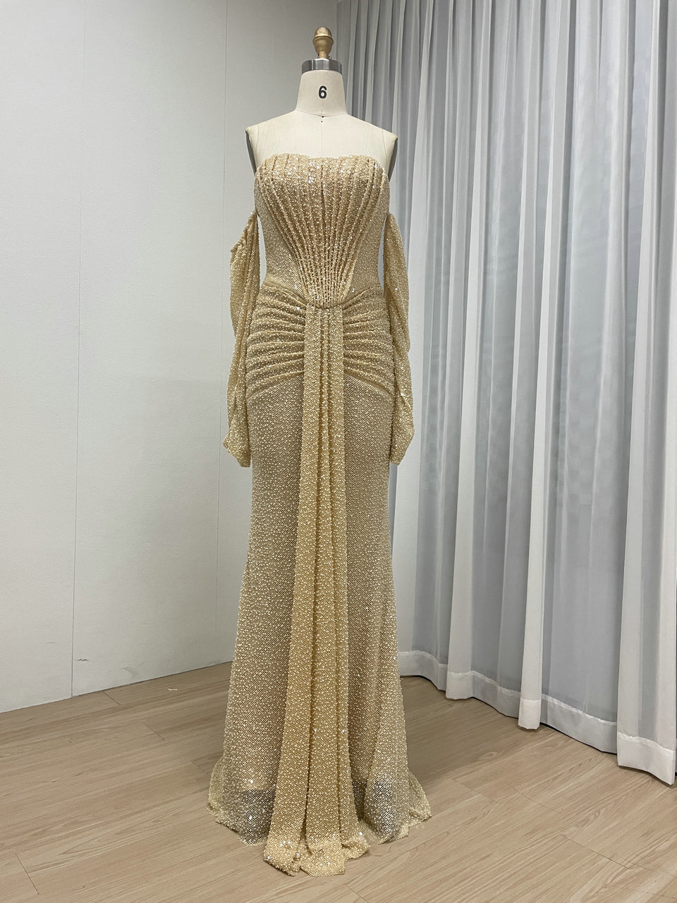 Elegant Long Sleeve Off Shoulder Evening Gown with Corset Bodice MY30230-2