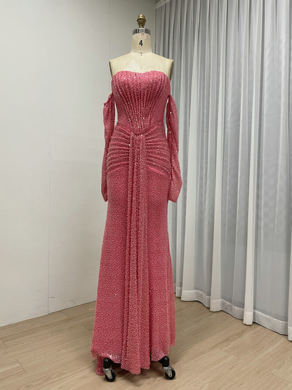 Elegant Long Sleeve Off Shoulder Evening Gown with Corset Bodice MY30230-2