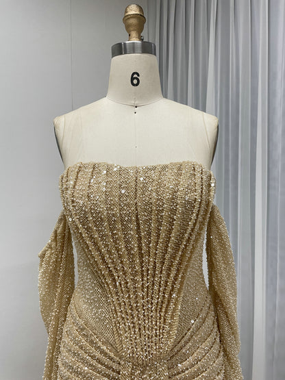 Elegant Long Sleeve Off Shoulder Evening Gown with Corset Bodice MY30230-2