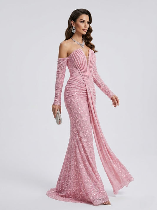 Sparkly Pink Off-the-Shoulder Sequin Prom Dress with Long Sleeves MY30230