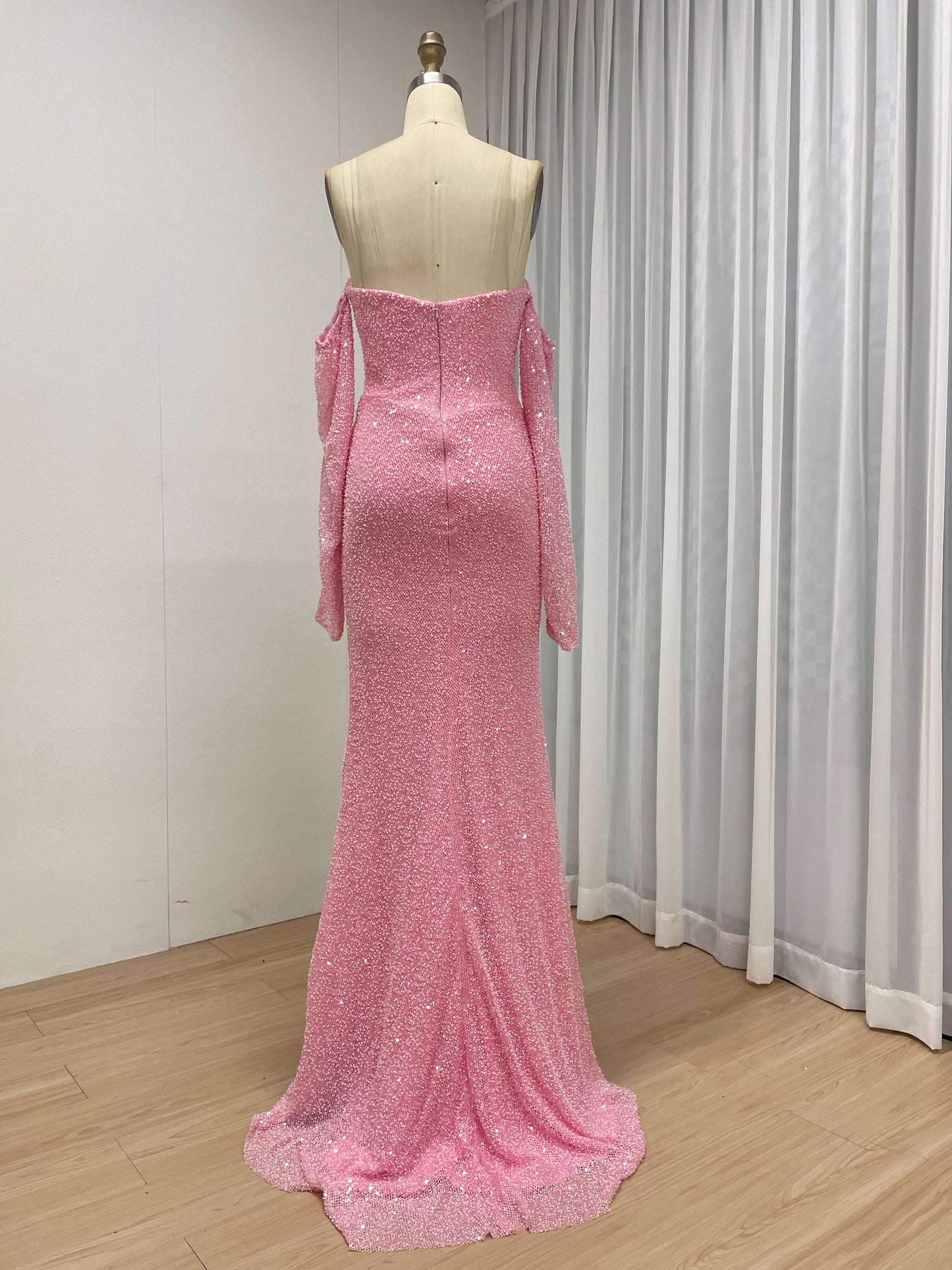 Sparkly Pink Off-the-Shoulder Sequin Prom Dress with Long Sleeves MY30230