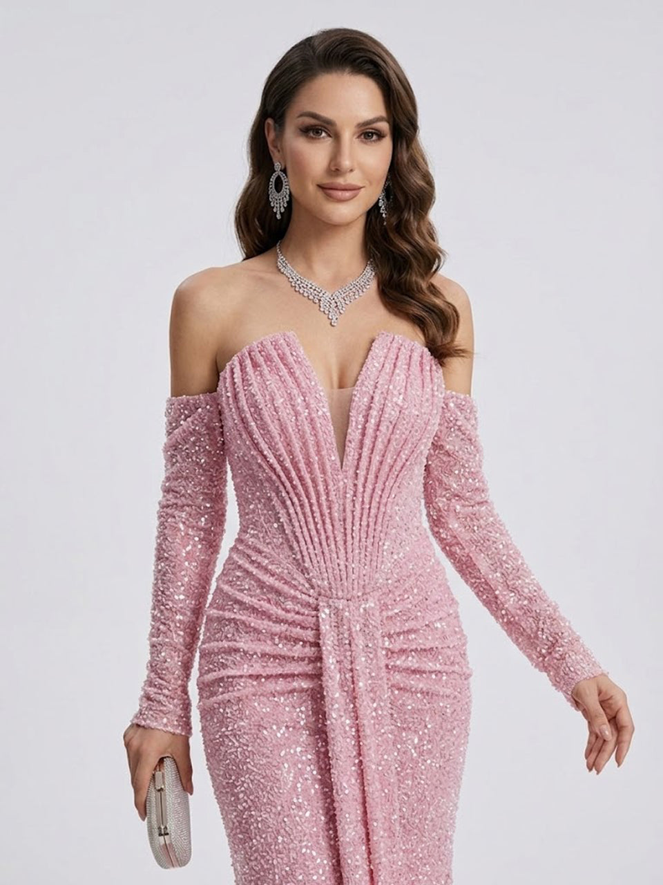 Sparkly Pink Off-the-Shoulder Sequin Prom Dress with Long Sleeves MY30230