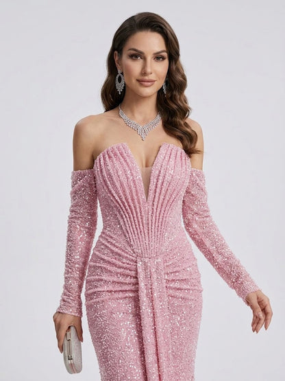 Sparkly Pink Off-the-Shoulder Sequin Prom Dress with Long Sleeves MY30230