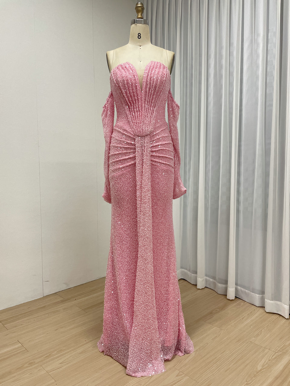 Sparkly Pink Off-the-Shoulder Sequin Prom Dress with Long Sleeves MY30230