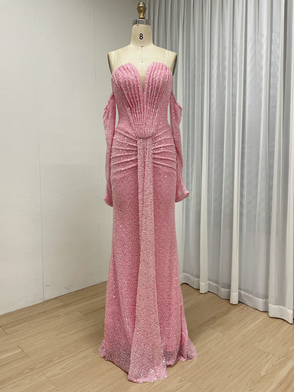 Sparkly Pink Off-the-Shoulder Sequin Prom Dress with Long Sleeves MY30230