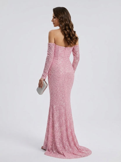 Sparkly Pink Off-the-Shoulder Sequin Prom Dress with Long Sleeves MY30230