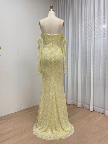 Sparkly Pink Off-the-Shoulder Sequin Prom Dress with Long Sleeves MY30230