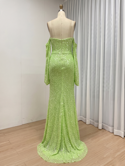 Sparkly Pink Off-the-Shoulder Sequin Prom Dress with Long Sleeves MY30230