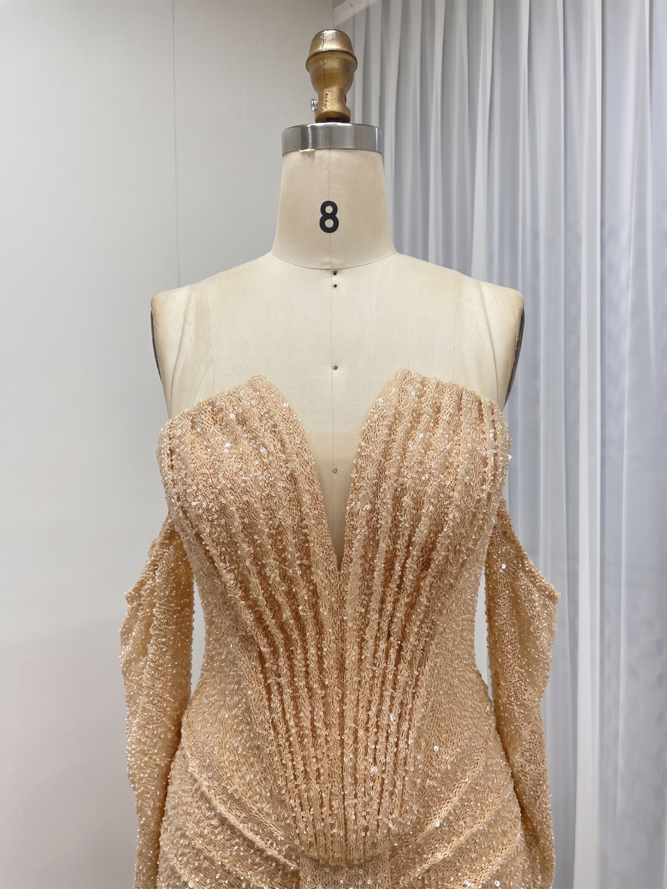 Sparkly Pink Off-the-Shoulder Sequin Prom Dress with Long Sleeves MY30230