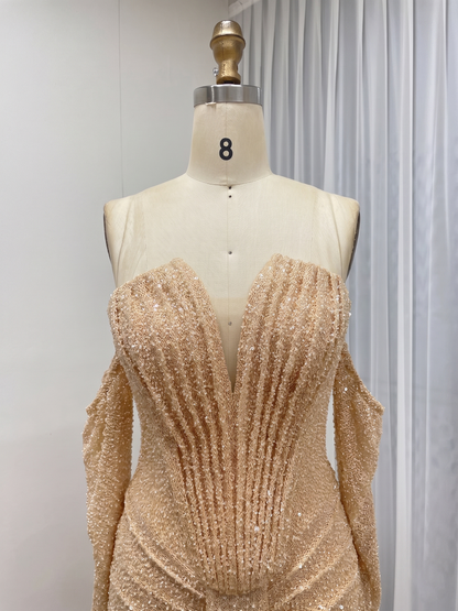 Sparkly Pink Off-the-Shoulder Sequin Prom Dress with Long Sleeves MY30230