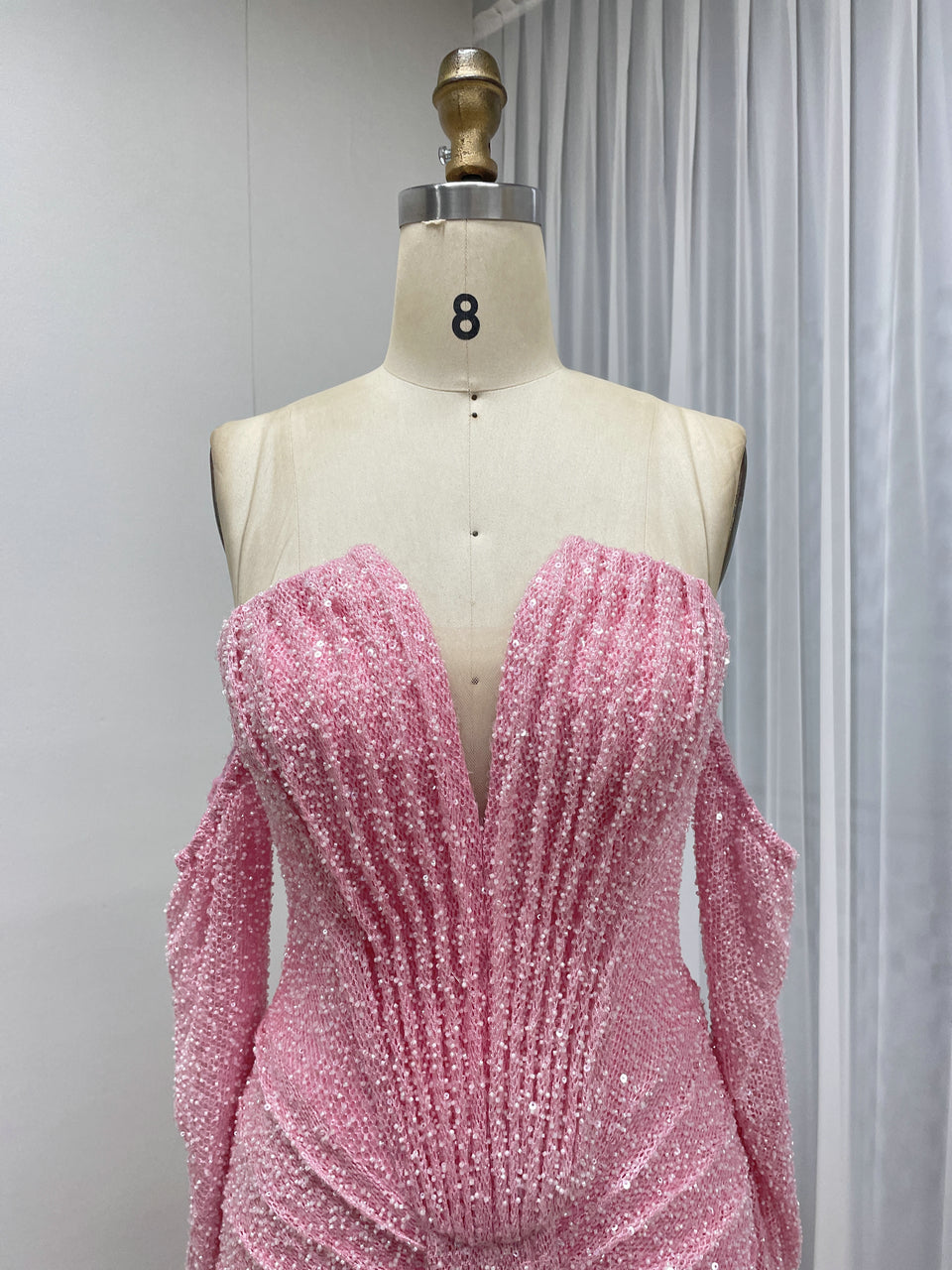 Sparkly Pink Off-the-Shoulder Sequin Prom Dress with Long Sleeves MY30230