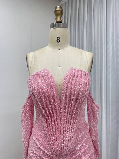 Sparkly Pink Off-the-Shoulder Sequin Prom Dress with Long Sleeves MY30230