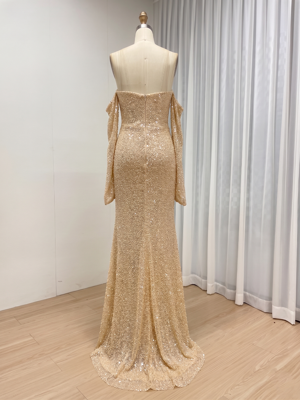Sparkly Pink Off-the-Shoulder Sequin Prom Dress with Long Sleeves MY30230