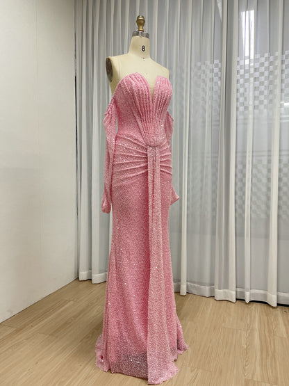 Sparkly Pink Off-the-Shoulder Sequin Prom Dress with Long Sleeves MY30230