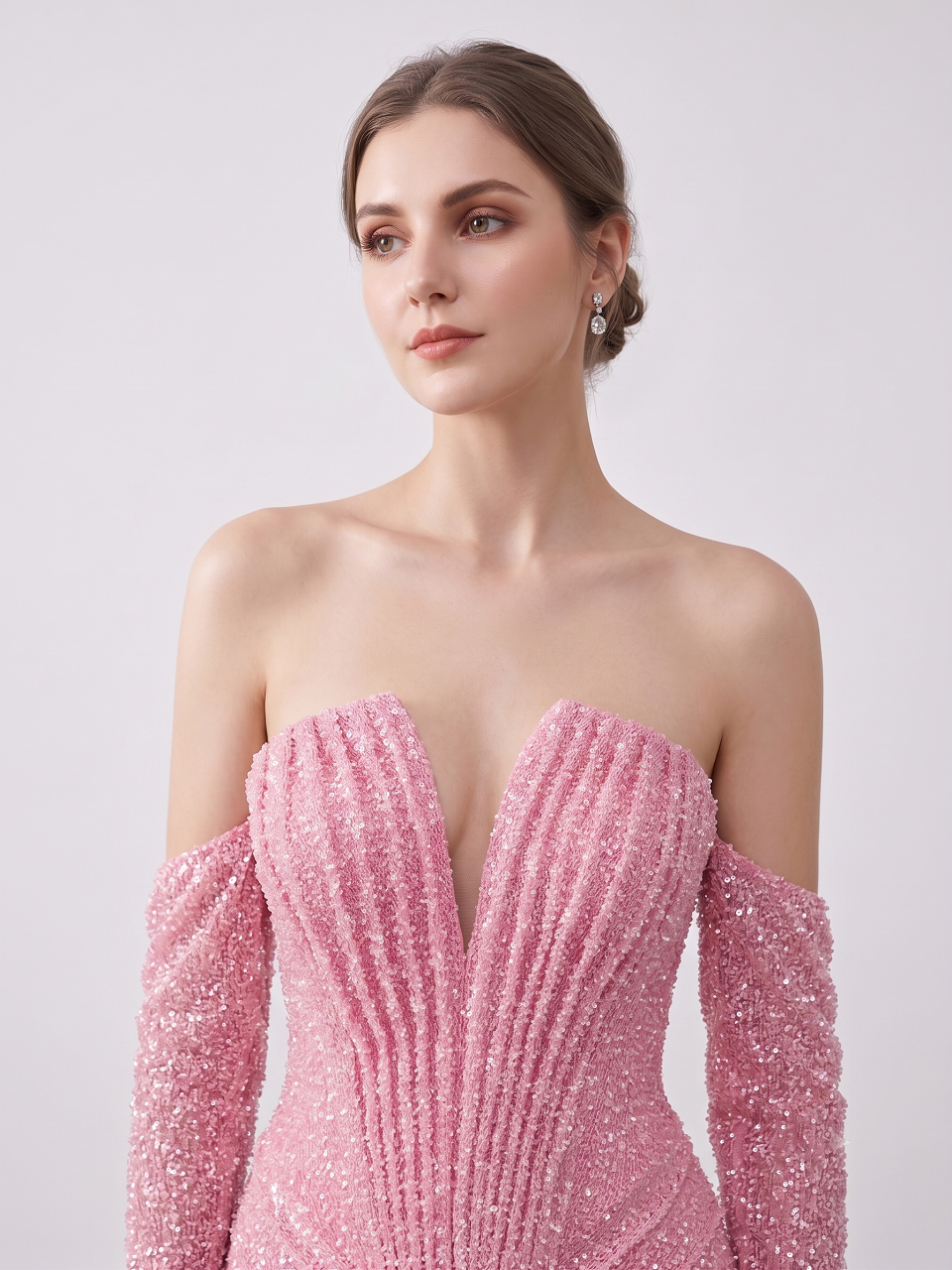 Sparkly Pink Off-the-Shoulder Sequin Prom Dress with Long Sleeves MY30230