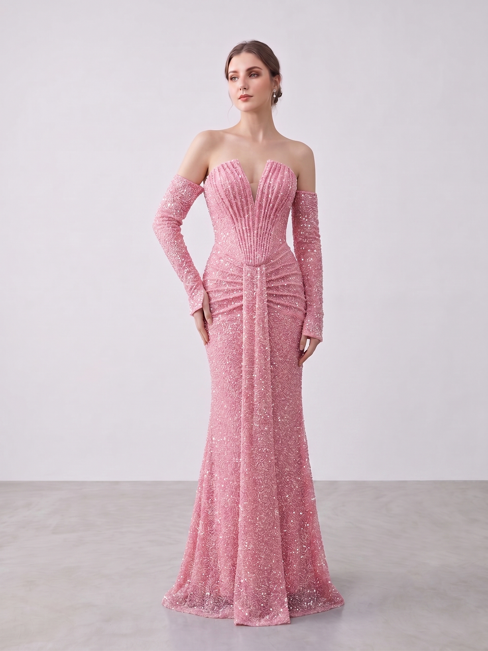 Sparkly Pink Off-the-Shoulder Sequin Prom Dress with Long Sleeves MY30230