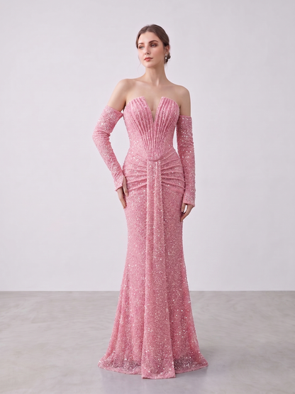 Sparkly Pink Off-the-Shoulder Sequin Prom Dress with Long Sleeves MY30230