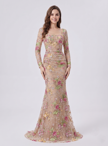Champagne Pink Floral Sequin Mermaid Evening Dress Sheer Long Sleeve Ruched Formal Gown MY30235-2