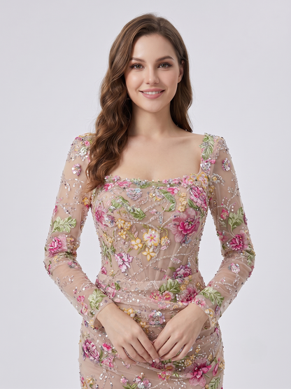 Champagne Pink Floral Sequin Mermaid Evening Dress Sheer Long Sleeve Ruched Formal Gown MY30235-2