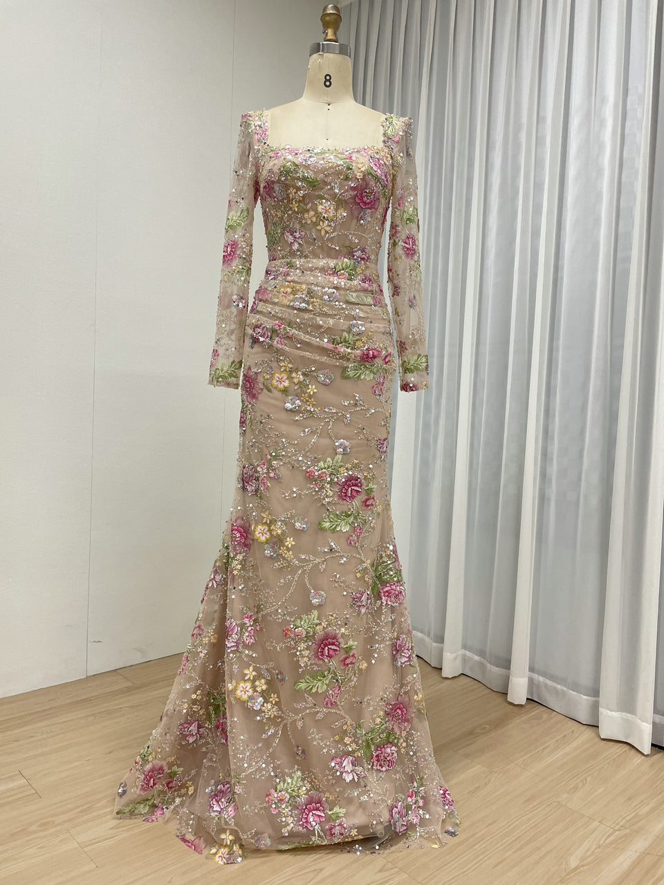 Champagne Pink Floral Sequin Mermaid Evening Dress Sheer Long Sleeve Ruched Formal Gown MY30235-2